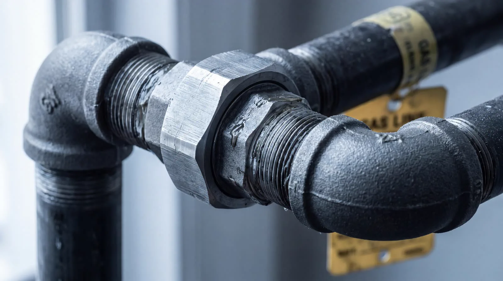Raccord union sur une conduite de gaz en fer noir